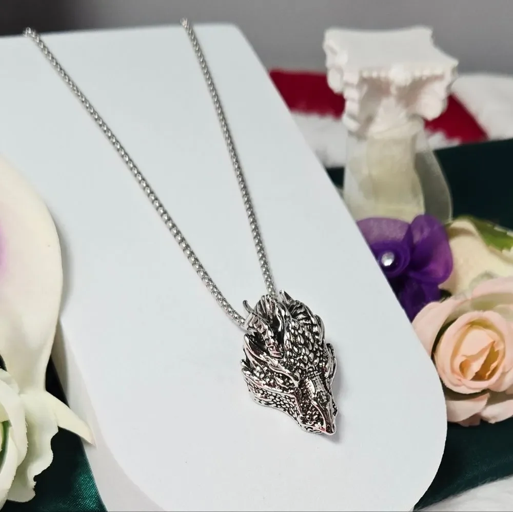 Dragon Head Pendant Necklace Antique Silver Stainless Steel 24” Fantasy